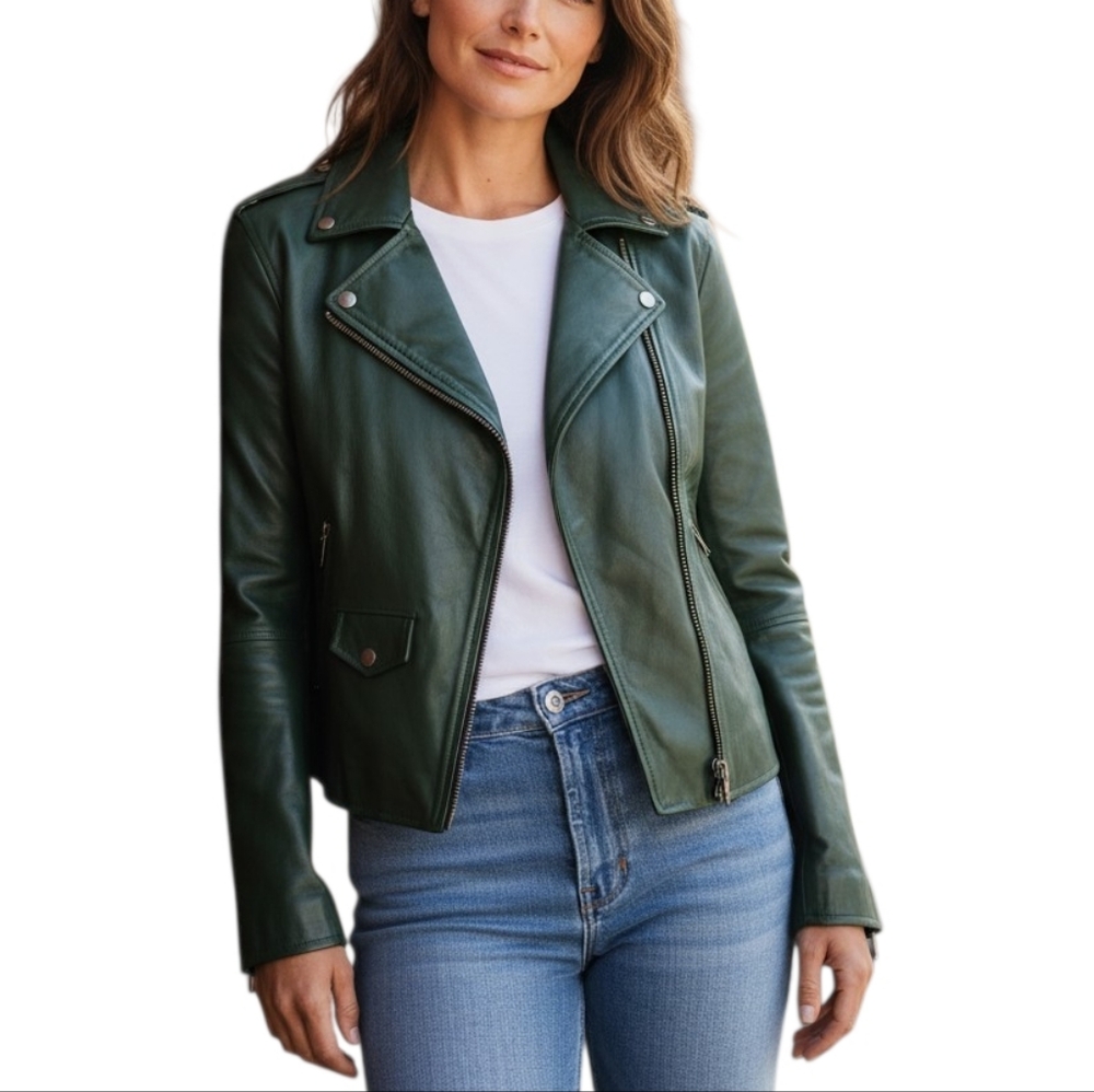 Sara Leather “Experience the Fashion” 100% Genuine Lambskin Green Moto Jacket XS